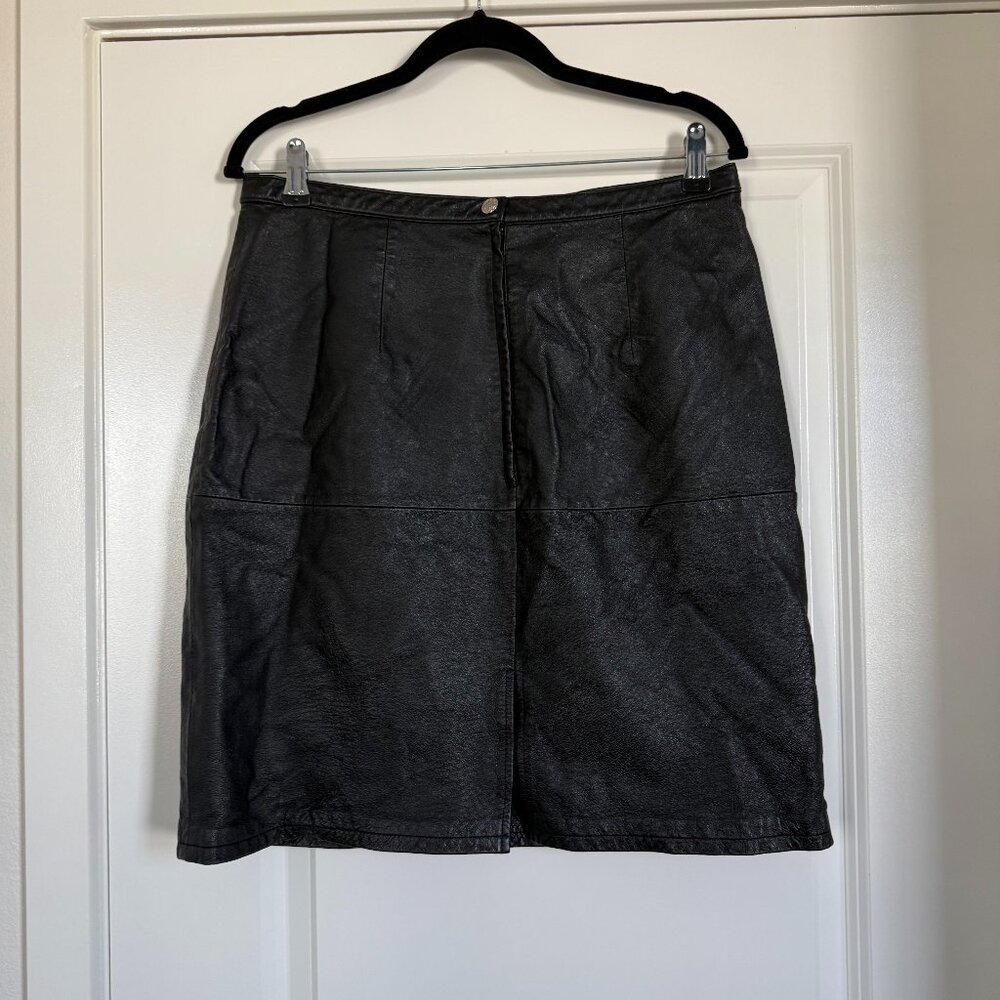 Vintage 100% genuine leather knee length skirt Y2K sz 16 Shape FX black